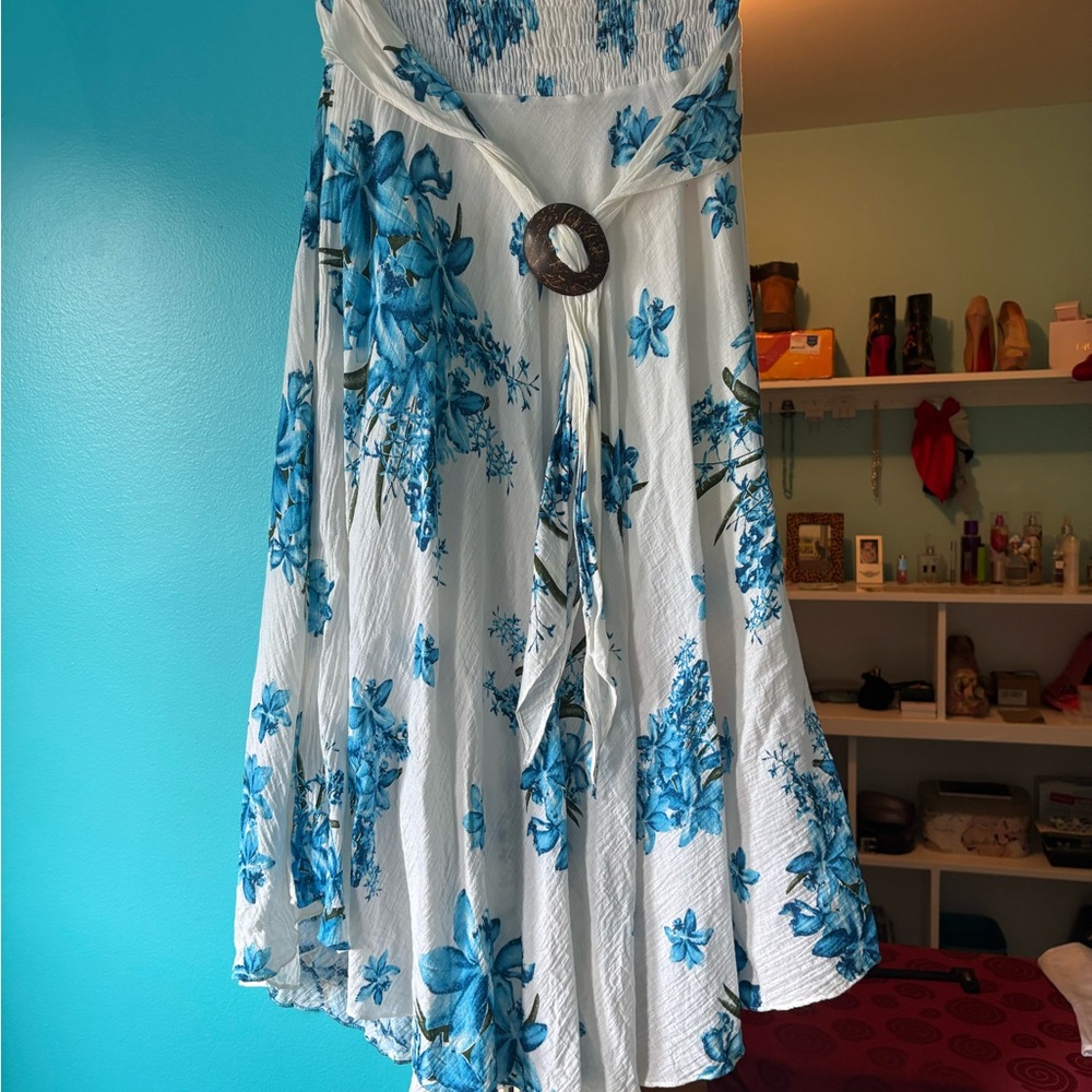 White Skirt with Blue Floral Print and Decorative Belt